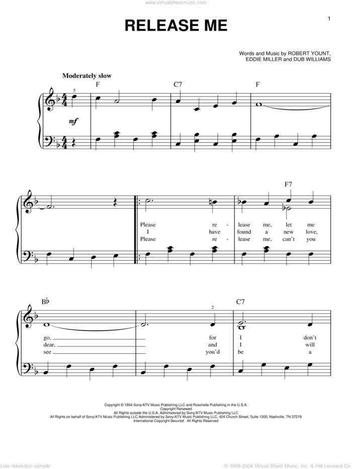 Release Me sheet music for piano solo by Robert Yount, Elvis Presley, Engelbert Humperdinck, Ray Price, Dub Williams and Eddie Miller, beginner skill level