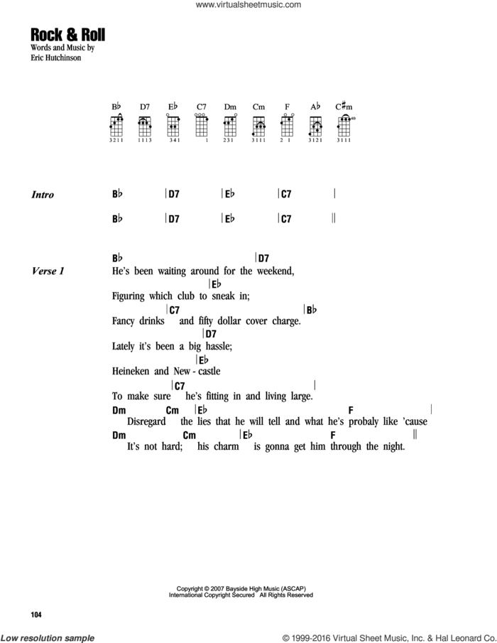 Rock and Roll sheet music for ukulele (chords) by Eric Hutchinson, intermediate skill level