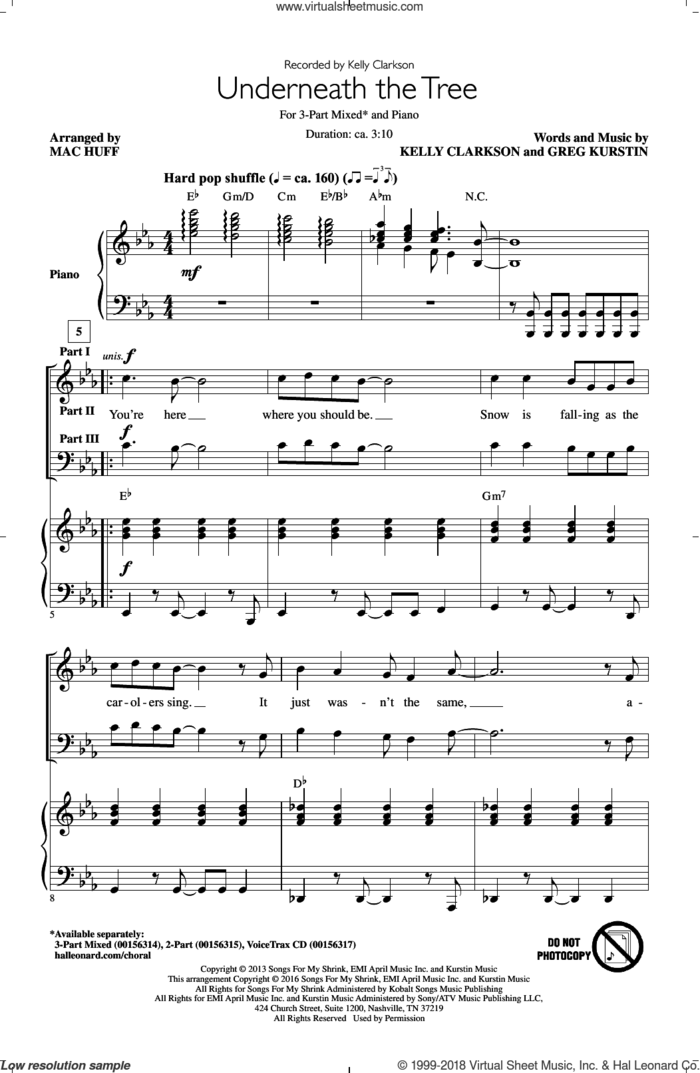Underneath The Tree (arr. Mac Huff) sheet music for choir (3-Part Mixed) by Kelly Clarkson, Mac Huff and Greg Kurstin, intermediate skill level