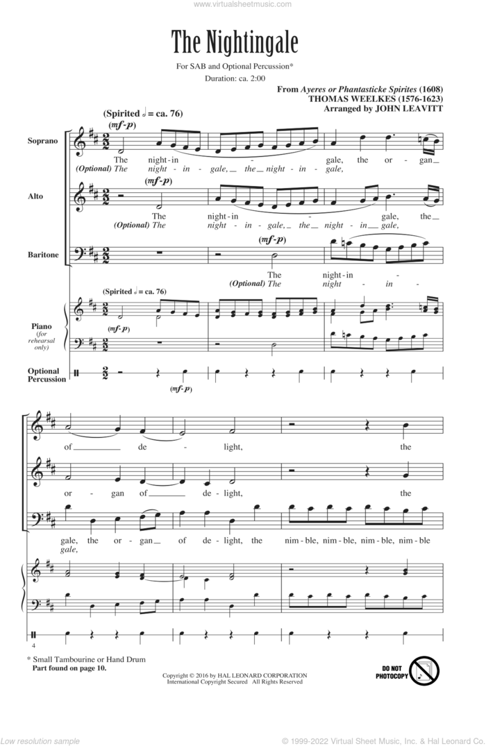 The Nightingale, The Organ Of Delight sheet music for choir (SAB: soprano, alto, bass) by Thomas Weelkes and John Leavitt, intermediate skill level