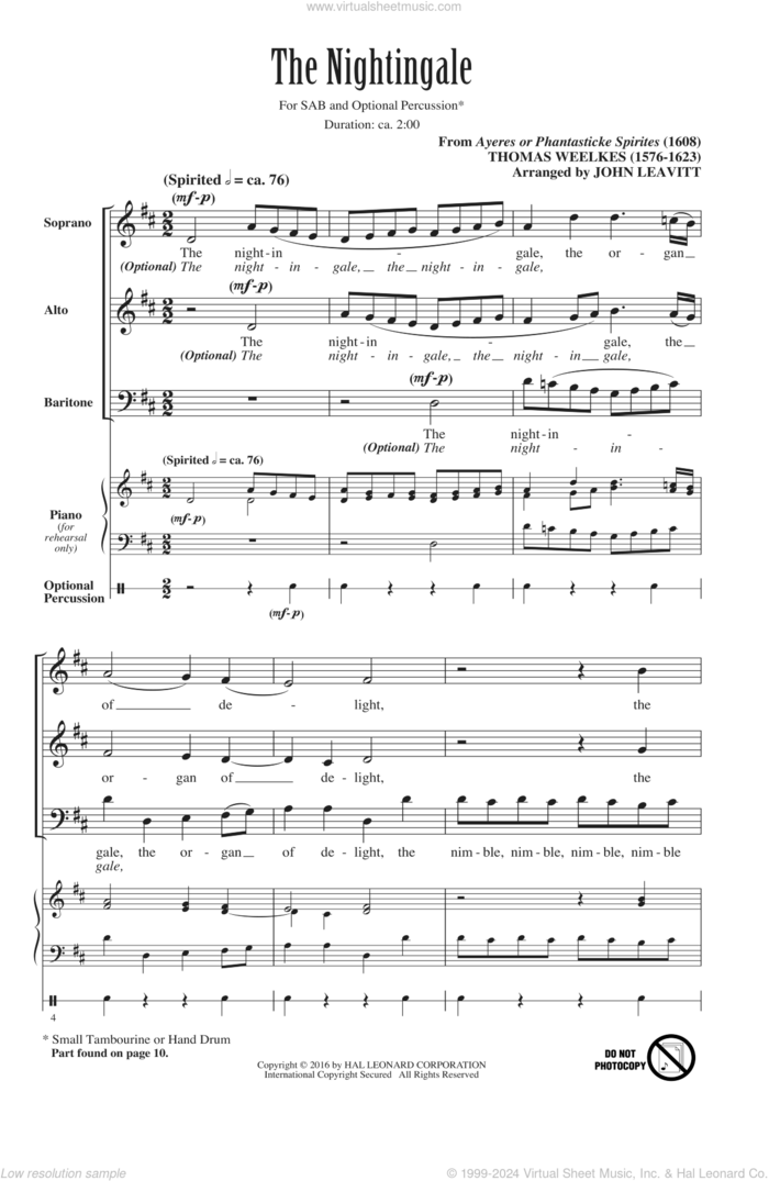 The Nightingale, The Organ Of Delight sheet music for choir (SAB: soprano, alto, bass) by Thomas Weelkes and John Leavitt, intermediate skill level