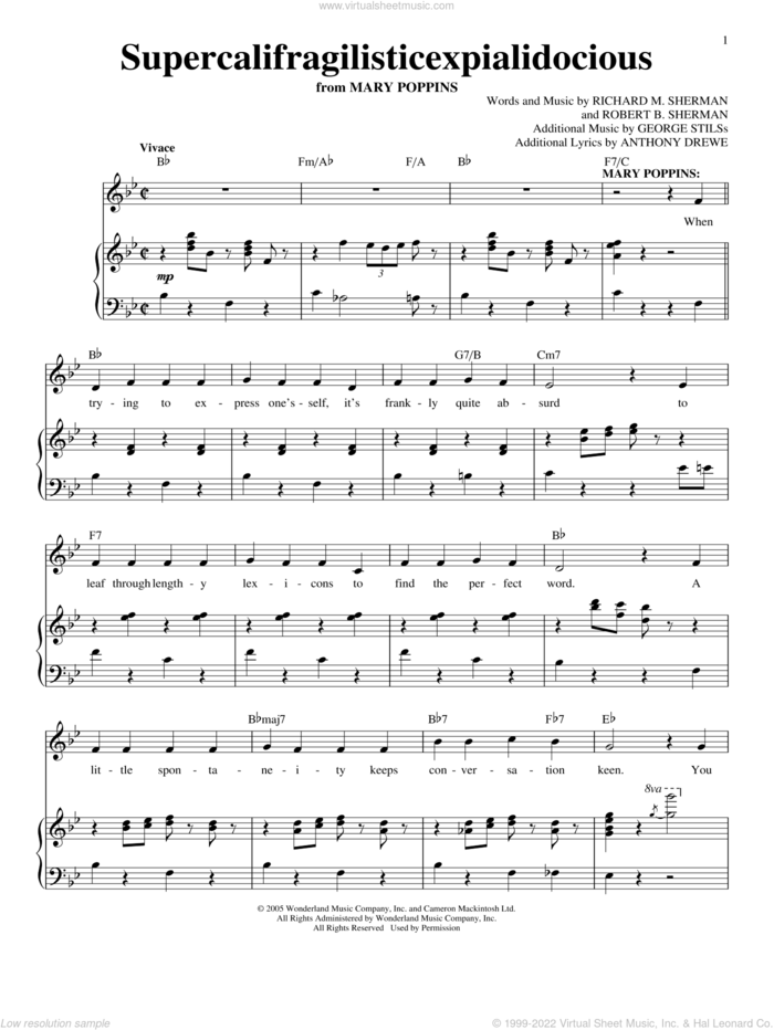 Supercalifragilisticexpialidocious (from Mary Poppins) sheet music for voice and piano by Richard & Robert Sherman, Robert Sherman, Anthony Drewe, George Stiles, Richard M. Sherman and Robert B. Sherman, intermediate skill level