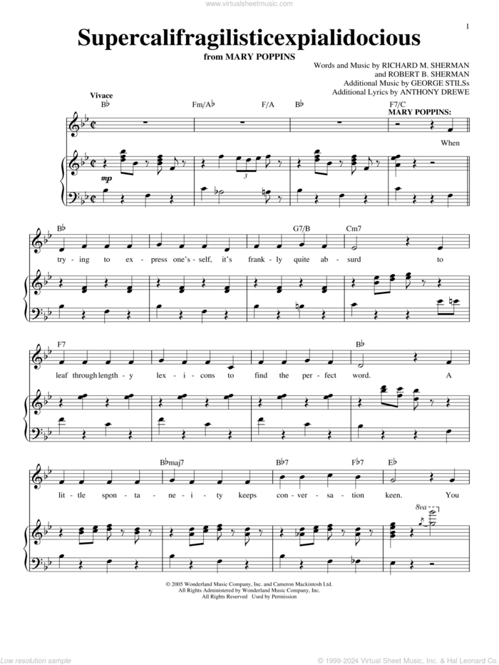 Supercalifragilisticexpialidocious (from Mary Poppins) sheet music for voice and piano by Richard & Robert Sherman, Robert Sherman, Anthony Drewe, George Stiles, Richard M. Sherman and Robert B. Sherman, intermediate skill level