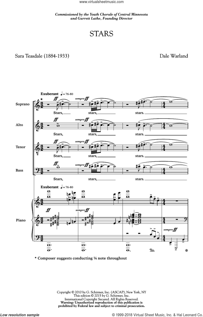Stars sheet music for choir (SATB: soprano, alto, tenor, bass) by Dale Warland and Sara Teasdale, intermediate skill level