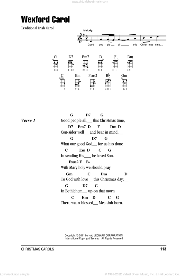Wexford Carol sheet music for ukulele (chords), intermediate skill level