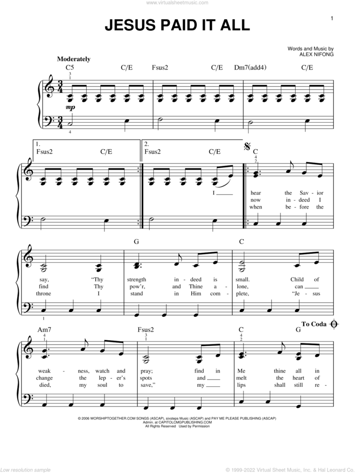 Jesus Paid It All sheet music for piano solo by Alex Nifong, easy skill level