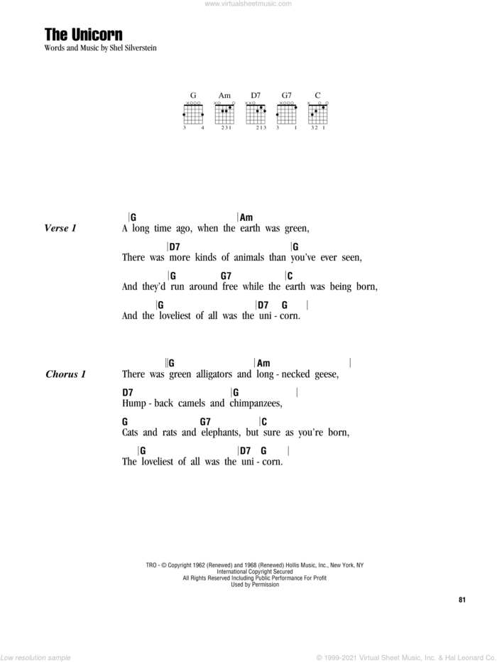The Unicorn sheet music for guitar (chords) by Irish Rovers and Shel Silverstein, intermediate skill level