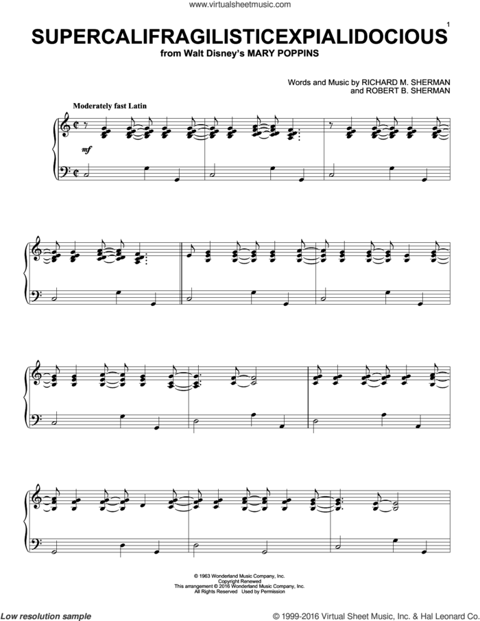 Supercalifragilisticexpialidocious [Jazz version] (from Mary Poppins) sheet music for piano solo by Richard & Robert Sherman, Julie Andrews, Richard M. Sherman and Robert B. Sherman, intermediate skill level