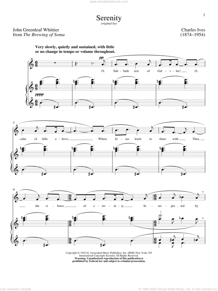 Serenity sheet music for voice and piano (Low Voice) by Charles Ives, Richard Walters and John Greenleaf Whittier, classical score, intermediate skill level