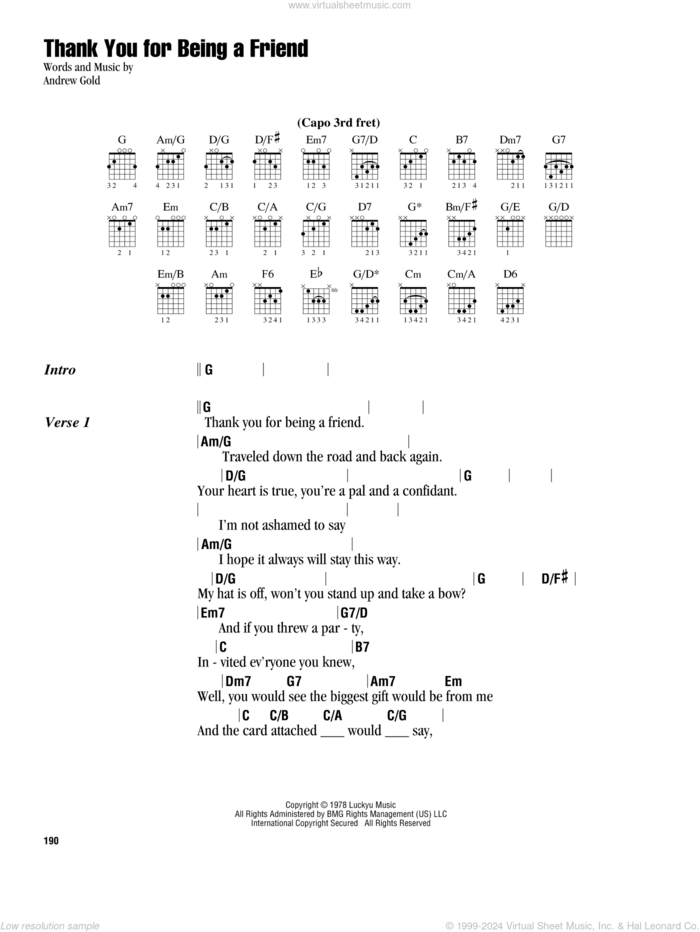 Thank You For Being A Friend (Theme from The Golden Girls) sheet music for guitar (chords) by Andrew Gold, intermediate skill level