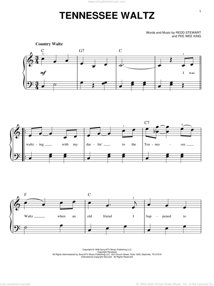 Tennessee Waltz, (beginner) sheet music for piano solo by Patty Page, Patti Page, Pee Wee King and Redd Stewart, beginner skill level