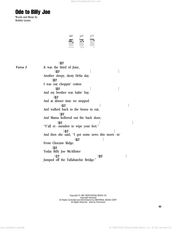 Ode To Billy Joe sheet music for ukulele (chords) by Bobbie Gentry, intermediate skill level