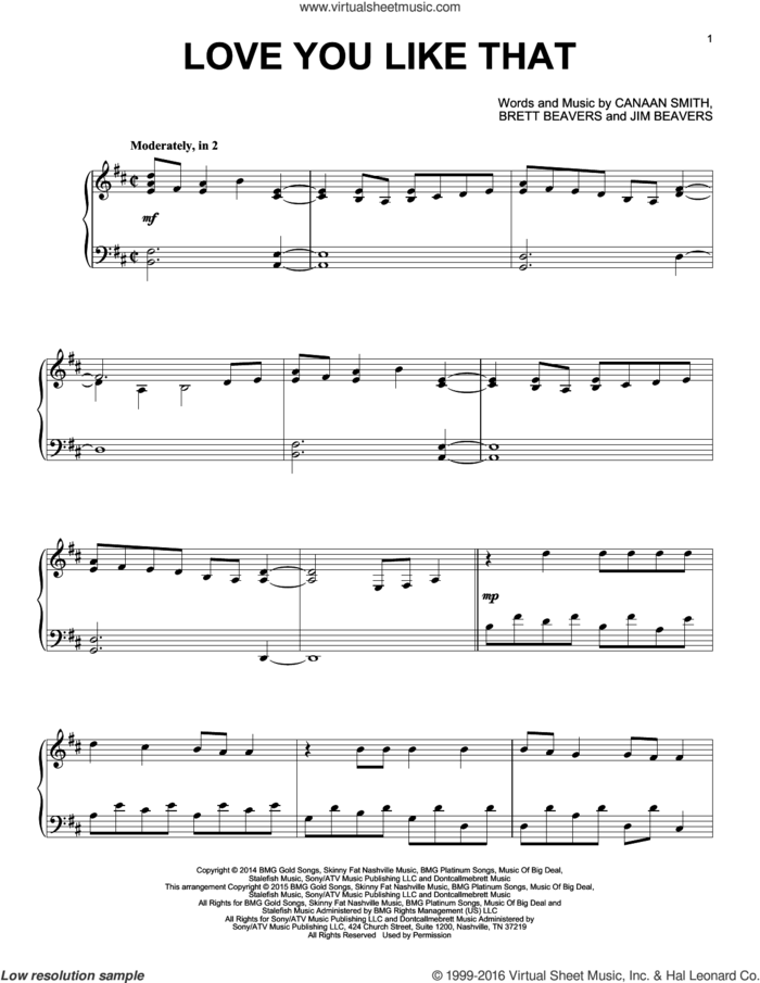Love You Like That sheet music for piano solo by Canaan Smith, Brett Beavers and Jim Beavers, wedding score, intermediate skill level