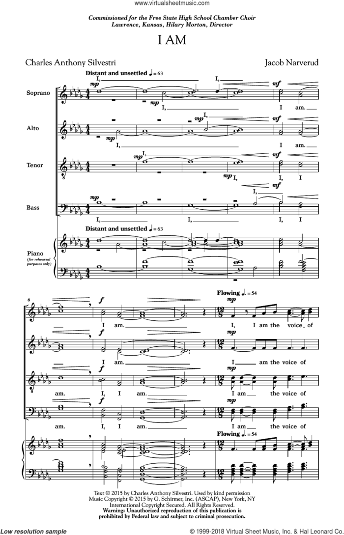I Am sheet music for choir (SATB: soprano, alto, tenor, bass) by Jacob Narverud, Charles Anthony Silvestri and Tony Silvestri, intermediate skill level