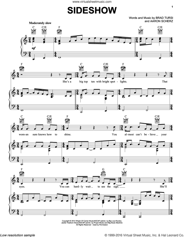 Sideshow sheet music for voice, piano or guitar by Charles Esten, Aaron Scherz and Brad Tursi, intermediate skill level