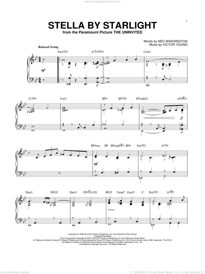 Stella By Starlight [Jazz version] (arr. Brent Edstrom) sheet music for piano solo by Ray Charles, Ned Washington and Victor Young, intermediate skill level