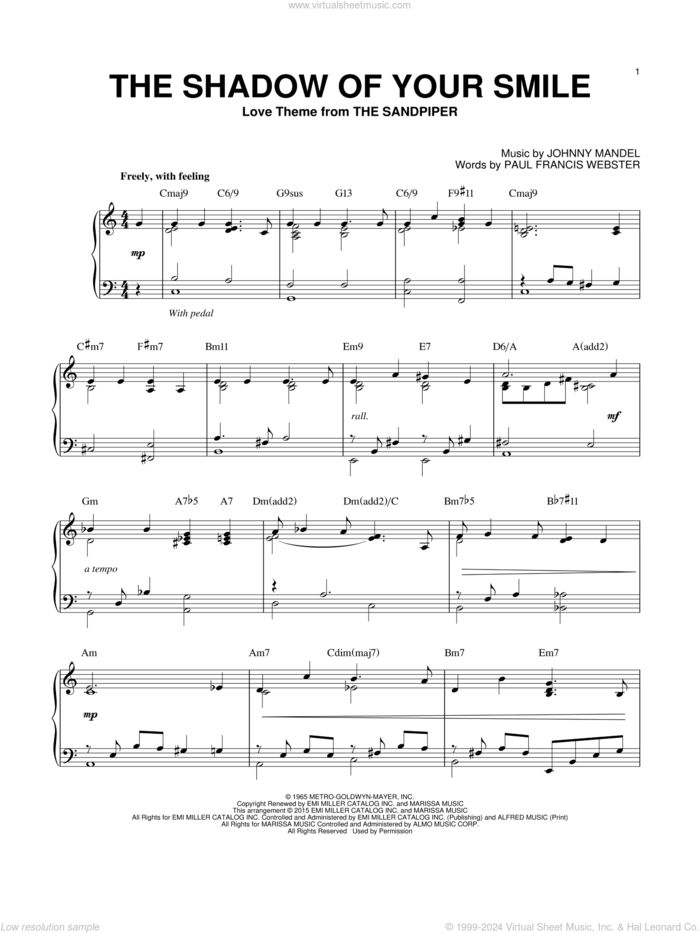 The Shadow Of Your Smile [Jazz version] (arr. Brent Edstrom) sheet music for piano solo by Johnny Mandel and Paul Francis Webster, intermediate skill level