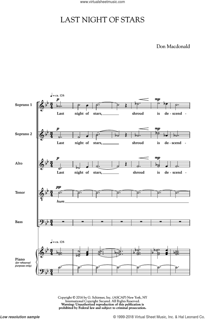 Last Night Of Stars sheet music for choir (SATB: soprano, alto, tenor, bass) by Don MacDonald, intermediate skill level