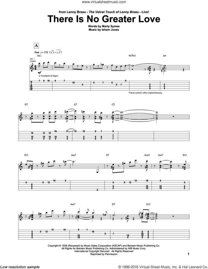 There Is No Greater Love sheet music for guitar (tablature) by Lenny Breau, Isham Jones and Marty Symes, intermediate skill level