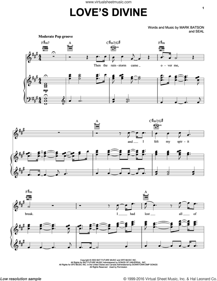 Love's Divine sheet music for voice, piano or guitar by Manuel Seal and Mark Batson, wedding score, intermediate skill level