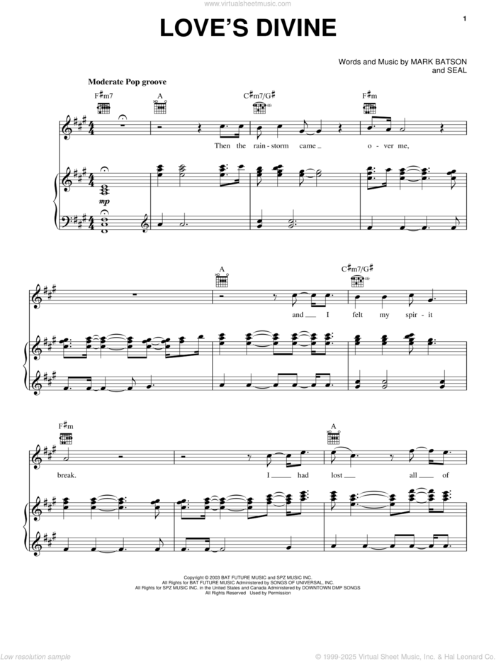 Love's Divine sheet music for voice, piano or guitar by Manuel Seal and Mark Batson, wedding score, intermediate skill level