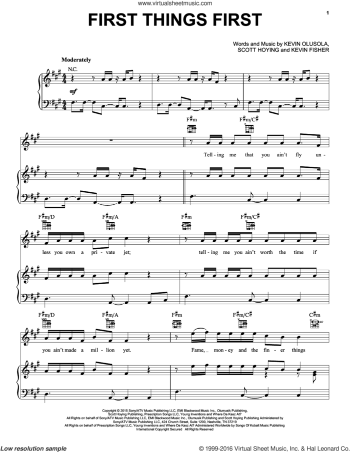 First Things First sheet music for voice, piano or guitar by Pentatonix, Kevin Fisher, Kevin Olusola and Scott Hoying, intermediate skill level