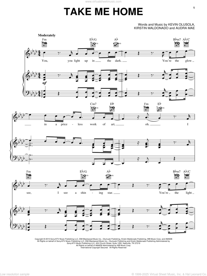 Take Me Home sheet music for voice, piano or guitar by Pentatonix, Audra Mae, Kevin Olusola and Kirstin Maldonado, intermediate skill level