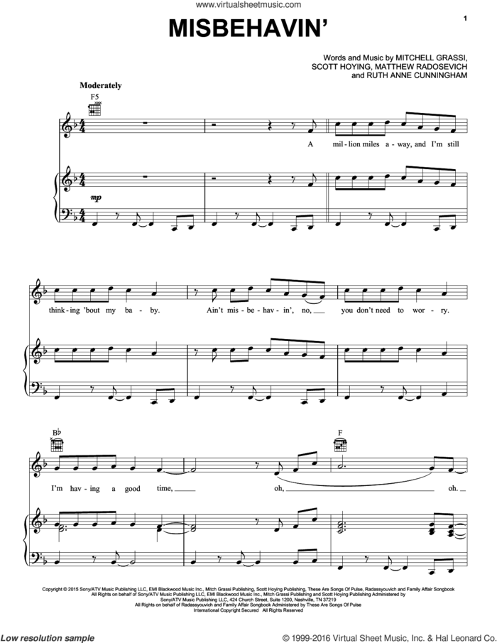 Misbehavin' sheet music for voice, piano or guitar by Pentatonix, Matthew Radosevich, Mitchell Grassi, Ruth Anne Cunningham and Scott Hoying, intermediate skill level