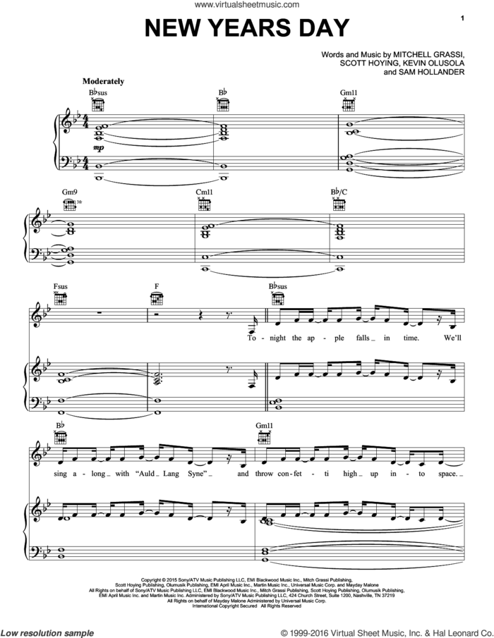 New Years Day sheet music for voice, piano or guitar by Pentatonix, Kevin Olusola, Mitchell Grassi, Sam Hollander and Scott Hoying, intermediate skill level