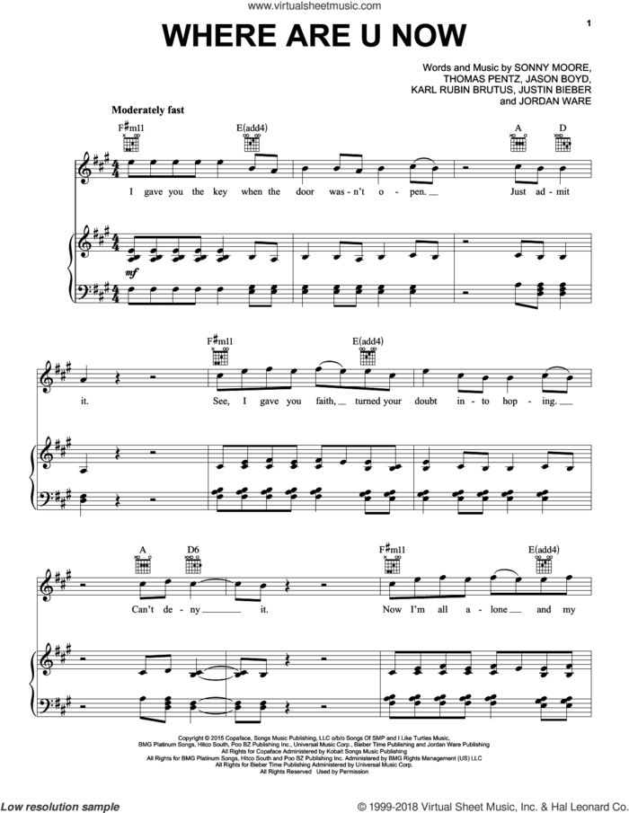 Where Are U Now sheet music for voice, piano or guitar by Pentatonix, Skrillex & Diplo With Justin Bieber, Jason Boyd, Jordan Ware, Justin Bieber, Karl Rubin Brutus, Sonny Moore and Thomas Wesley Pentz, intermediate skill level