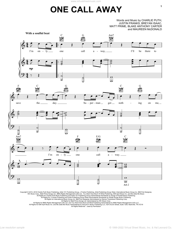One Call Away sheet music for voice, piano or guitar by Charlie Puth, Blake Anthony Carter, Breyan Isaac, Justin Franks, Matt Prime and Maureen Mcdonald, intermediate skill level