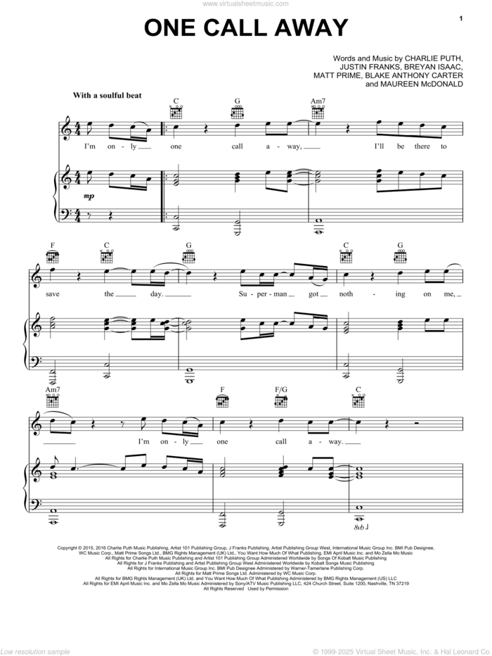 One Call Away sheet music for voice, piano or guitar by Charlie Puth, Blake Anthony Carter, Breyan Isaac, Justin Franks, Matt Prime and Maureen Mcdonald, intermediate skill level