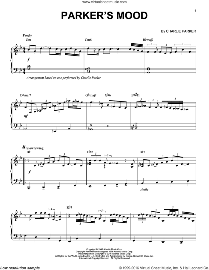 Parker's Mood (arr. Brent Edstrom) sheet music for piano solo by Charlie Parker, intermediate skill level