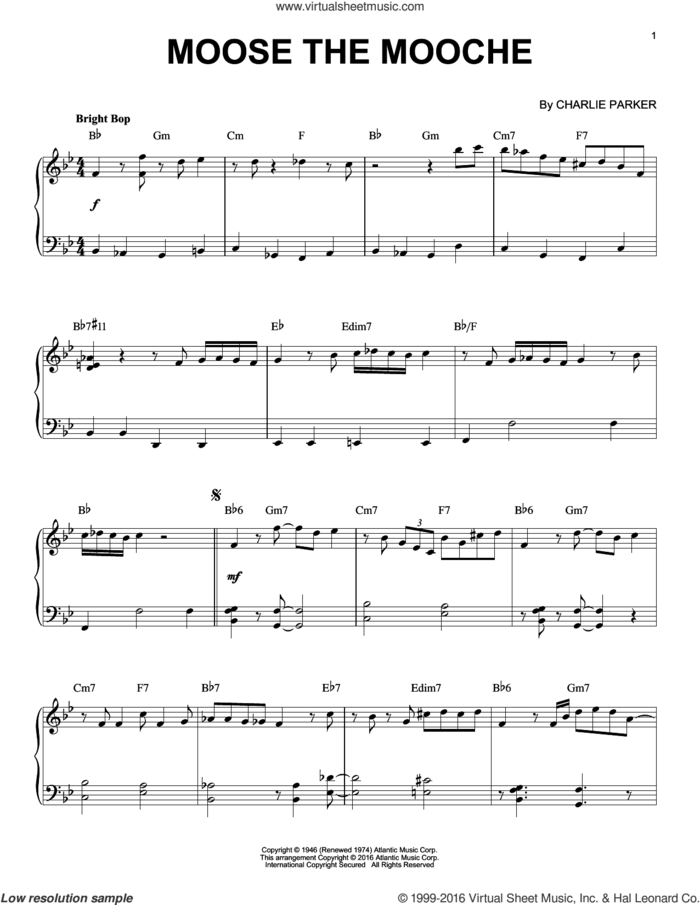 Moose The Mooche (arr. Brent Edstrom) sheet music for piano solo by Charlie Parker, intermediate skill level