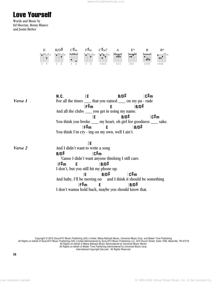 Love Yourself sheet music for guitar (chords) by Justin Bieber, Benjamin Levin and Ed Sheeran, intermediate skill level