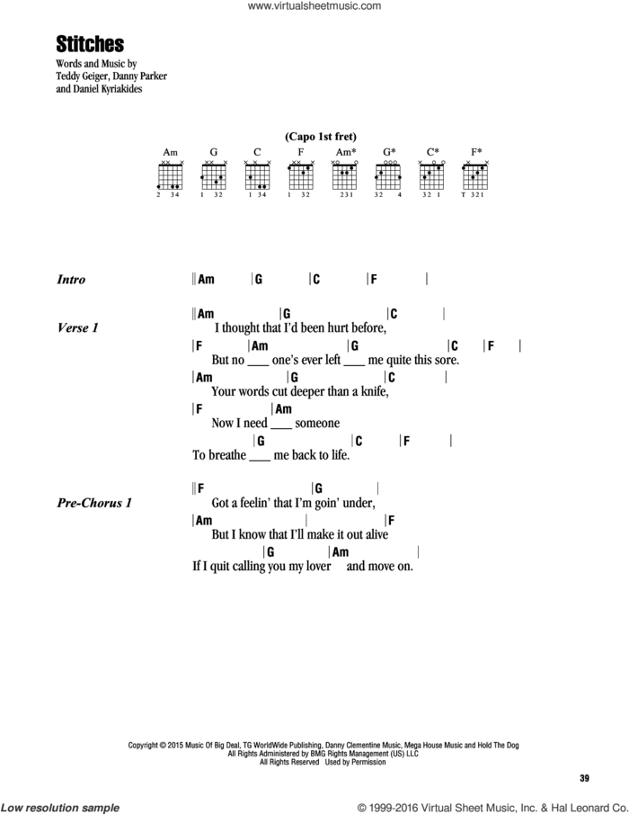 Stitches sheet music for guitar (chords) by Shawn Mendes, Daniel Kyriakides, Danny Parker and Teddy Geiger, intermediate skill level