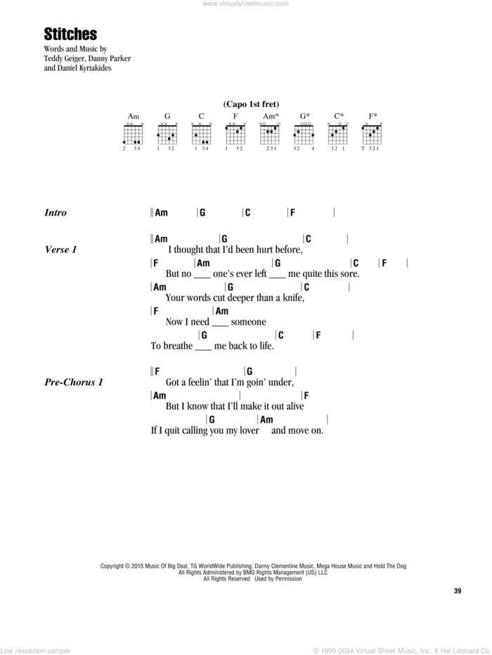 Stitches sheet music for guitar (chords) by Shawn Mendes, Daniel Kyriakides, Danny Parker and Teddy Geiger, intermediate skill level