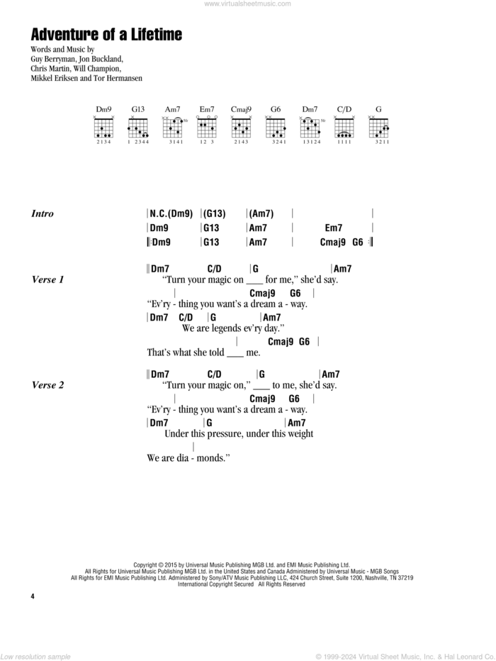 Adventure Of A Lifetime sheet music for guitar (chords) by Guy Berryman, Coldplay, Chris Martin, Jon Buckland, Mikkel Eriksen, Tor Erik Hermansen and Will Champion, intermediate skill level