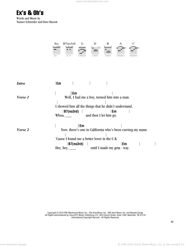 Ex's and Oh's sheet music for guitar (chords) by Elle King, Dave Bassett and Tanner Schneider, intermediate skill level