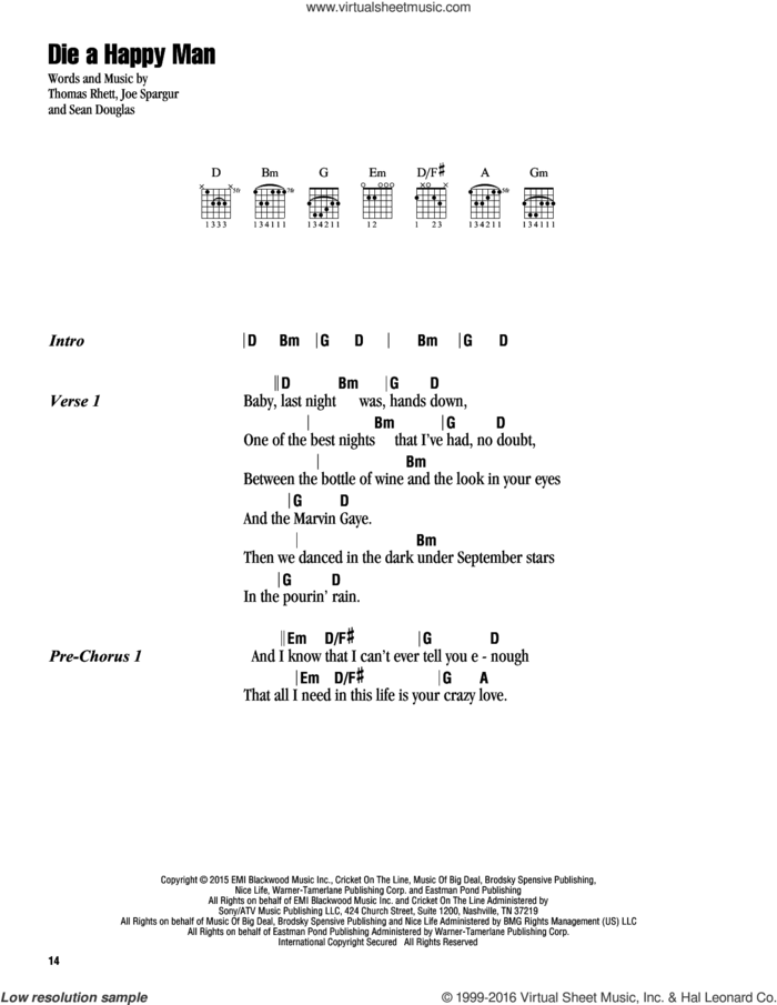 Die A Happy Man sheet music for guitar (chords) by Thomas Rhett, Joe Spargur and Sean Douglas, intermediate skill level