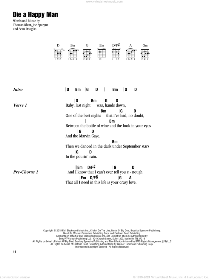 Die A Happy Man sheet music for guitar (chords) by Thomas Rhett, Joe Spargur and Sean Douglas, intermediate skill level