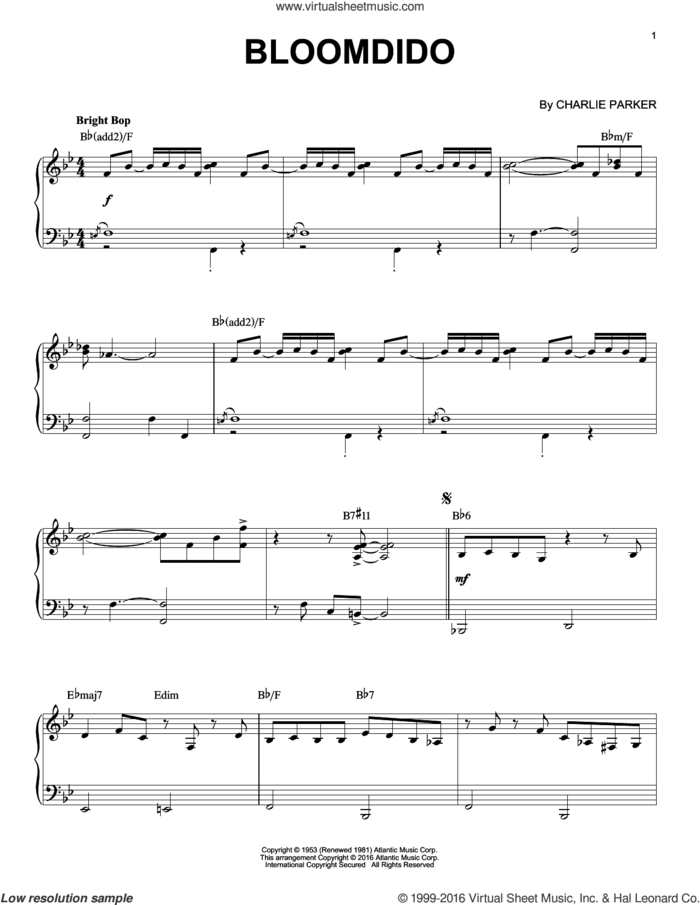 Bloomdido (arr. Brent Edstrom) sheet music for piano solo by Charlie Parker, intermediate skill level