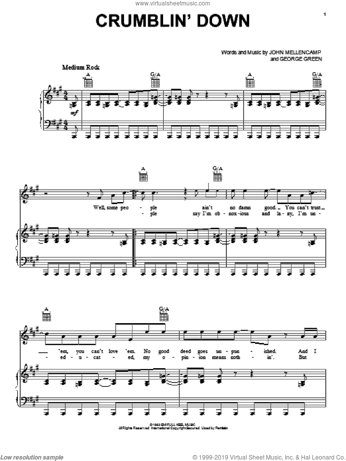 Crumblin' Down sheet music for voice, piano or guitar by John Mellencamp and George Green, intermediate skill level
