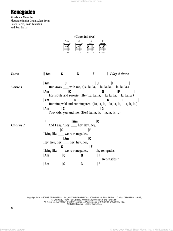 Renegades sheet music for guitar (chords) by X Ambassadors, Adam Levin, Alexander Junior Grant, Casey Harris, Noah Feldshuh and Samuel Harris, intermediate skill level