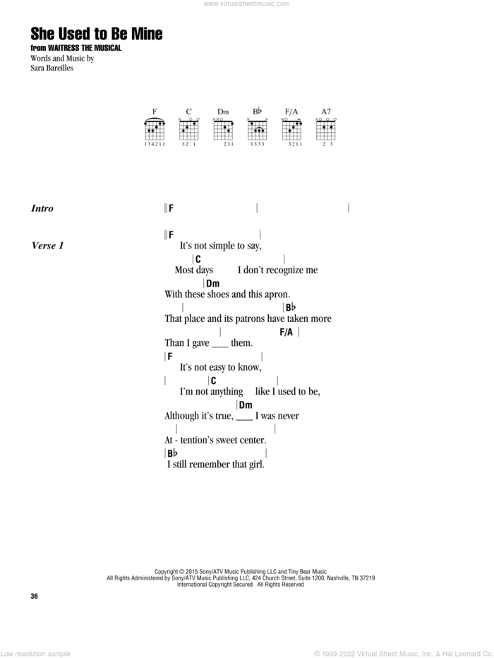 She Used To Be Mine (from Waitress The Musical) sheet music for guitar (chords) by Sara Bareilles, intermediate skill level