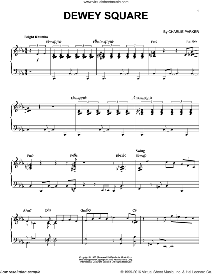 Dewey Square (arr. Brent Edstrom) sheet music for piano solo by Charlie Parker, intermediate skill level