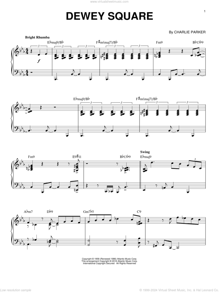 Dewey Square (arr. Brent Edstrom) sheet music for piano solo by Charlie Parker, intermediate skill level