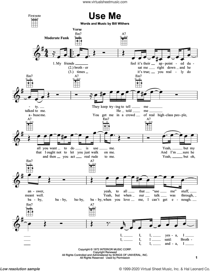 Use Me sheet music for ukulele by Bill Withers, intermediate skill level