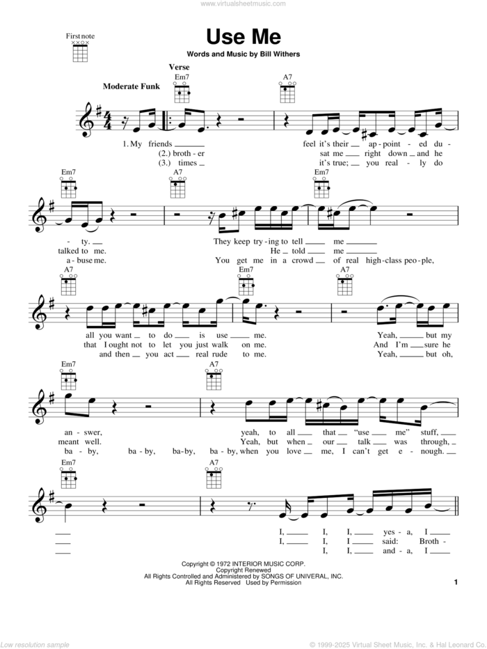 Use Me sheet music for ukulele by Bill Withers, intermediate skill level