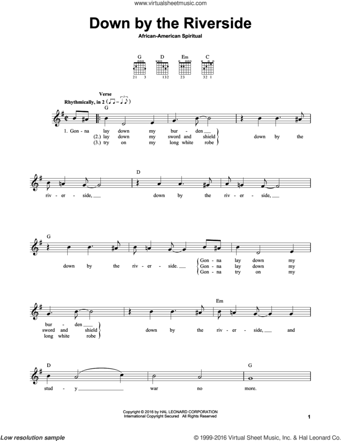 Down By The Riverside sheet music for guitar solo (chords), easy guitar (chords)